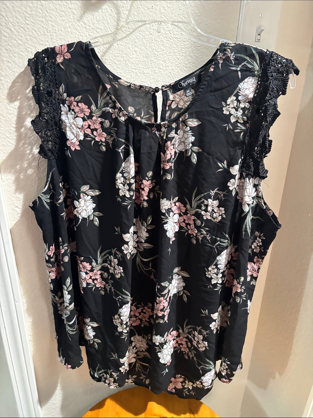 Charmed by Eve Black Floral Lace-Trim Camisole Blouse 3